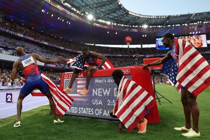 Paris, France. 10th Aug, 2024. Team USA celebrate with their new olympic record after the men's 4X400m relay final of Athletics at the Paris 2024 Olympic Games in Paris, France, Aug. 10, 2024. Credit: Li Ming/Xinhua/Alamy Live News
