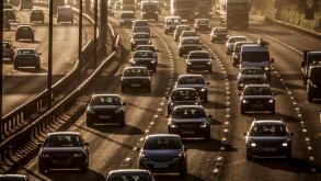 Heavy rush hour traffic on M25 motorway in Surrey