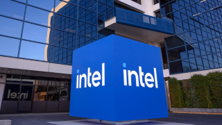 Intel's logo outside its corporate headquarters, the Robert Noyce Building in Santa Clara, California