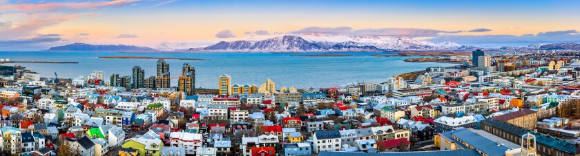 Aerial panorama of downtown Reykjavik at sunset with colorful ho