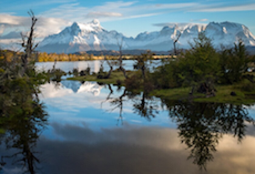 Chile, Patagonia, Torres del Paine, forest, mountains, snow, lake, LatAm