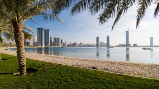 Skyline of Sharjah City, Emirate of Sharjah, United Arab Emirates, Middle East, Southwest Asia