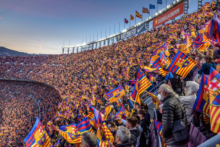 Festive mood at Camp Nou stadium, full sold out with 91,648 spectators, the world attendance record for a women's football match, in 2022 Champions