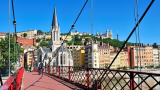 Pedestrian passerelle over the river Saone, Lyon, France.