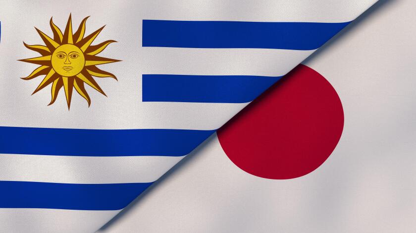 Two states flags of Uruguay and Japan. High quality business background. 3d illustration