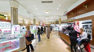 Cosmetic Counters in Macy's Department Store, 151 W 34th Street, Midtown Manhattan, NYC, New York City. Image shot 05/2008. Exact date unknown.