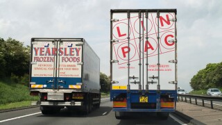 Lorry overtaking another lorry on the busy A1 road in the uk