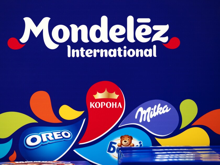 Mondelez logo on the shelf in store