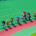 Female competitors in a "keirin" cycle race at Kyoto Keirin Racetrack in Mukomachi, Kyoto, Japan.
