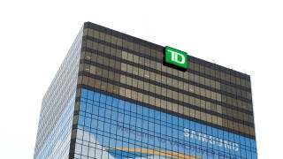 TD Bank Building in Vancouver covered with Samsung giant banner for 2010 Winter Olympics