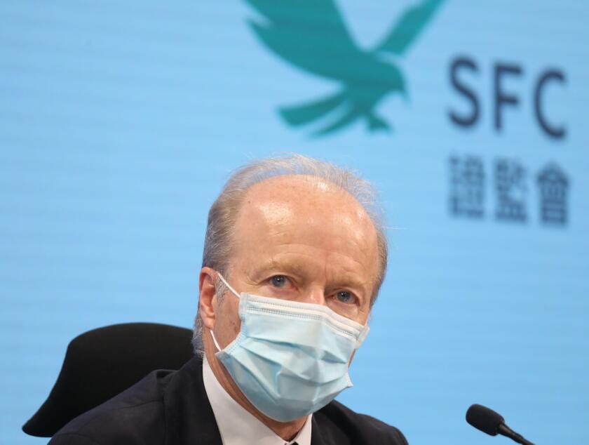 March 5, 2021, HONG KONG, CHINA: Ashley ALDER, Chief Executive Officer, Securities and Futures Commission, speaks at a press conference about a joint operation on investment scam between police and the Securities and Futures Commission resulted in the sei