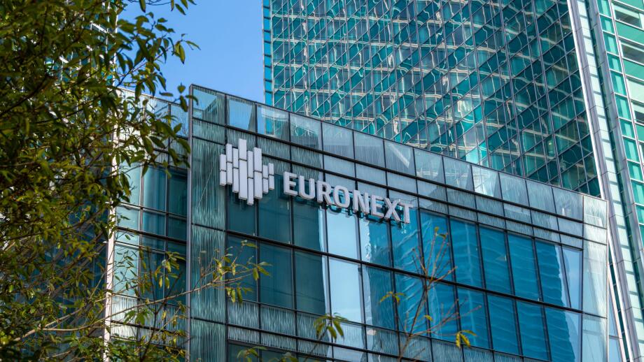 Exterior view of the Euronext building in the Paris La Defense business district. Euronext is the main stock exchange in the Eurozone
