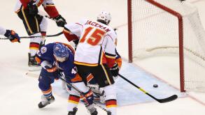 Dec. 29, 2011 - Uniondale, New York, UNITED STATES - Calgary Flames right wing TIM JACKMAN(15) scores a goal against the New York Islanders in the first period at Nassau Veterans Memorial Coliseum. (Credit Image: © Debby Wong/Southcreek/ZUMAPRESS.com)