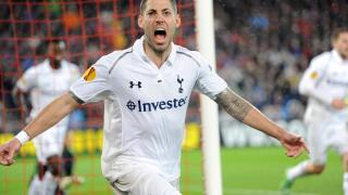 Basel, Switzerland. 11th April 2013. Clint Dempsey of Tottenham Hotspur celebrates his equaliser for 2-2 late in the Europa League game between FC Basel and Tottenham Hotspur from St. Jakob-Park.