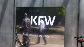 Logo of KfW (Kreditanstalt fur Wiederaufbau) in Bockenheimer LandstraBe in Frankfurt am Main (June 14, 2023)
