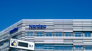 Stockholm, Sverige - 5 may 2018. The logo of the mainly nordic bank Nordea on the exterior of a building along the motorway E4 in Stockholm