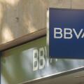 Madrid, Spain - May 18, 2020: Main facade at the entrance to the bank office of, BBVA, in the Retiro district.