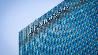 Logo sign of JP Morgan Bank on side of their European Headquarters office building in Canary Wharf, Docklands, London