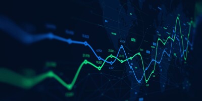 Digital analytics data visualization, financial schedule, monitor screen in perspective