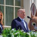 President Donald Trump and first lady Melania Trump participate in the White House Easter Egg Roll on the South Lawn of the White House, Monday, April 6, 2026, in Washington. (AP Photo/Mark Schiefelbein)