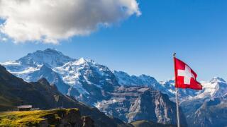 Stunning view of the Jungfrau and mountain range of Bernese alps from Mannlichen cablecar station, Switzerland.