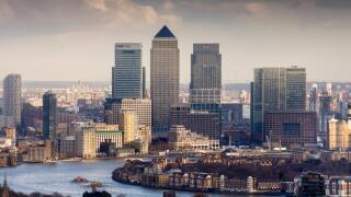 Moody view of Canary Wharf, Docklands, from above, London, UK