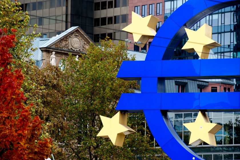 Euro symbol in front of the ECB, European Central Bank, Willy-Brandt-Platz square in Frankfurt am Main, Germany