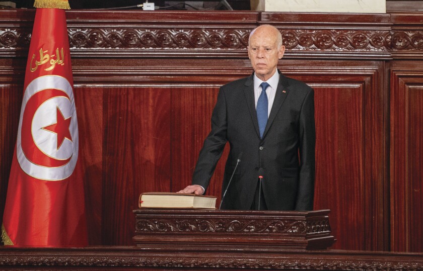 (241021) -- TUNIS, Oct. 21, 2024 (Xinhua) -- Tunisia's re-elected President Kais Saied takes an oath at the Tunisian Parliament in Tunis, Tunisia, on Oct. 21, 2024. Saied took an oath on Monday at the Assembly of People's Representatives' headquarters, th
