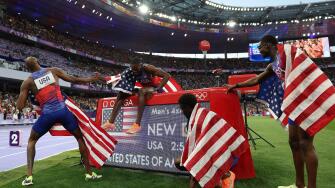 Paris, France. 10th Aug, 2024. Team USA celebrate with their new olympic record after the men's 4X400m relay final of Athletics at the Paris 2024 Olympic Games in Paris, France, Aug. 10, 2024. Credit: Li Ming/Xinhua/Alamy Live News