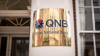 LONDON- NOVEMBER, 2019: Qatar National Bank building entrance in Mayfair,