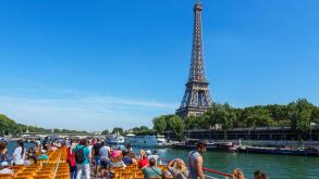 View of the Eiffel Tower from a Bateau Mouche on the River Seine, Paris, France
