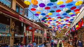Restaurants on Umbrella Street (2 Inonu Caddesi), Kaleici, Antalya, Turkey