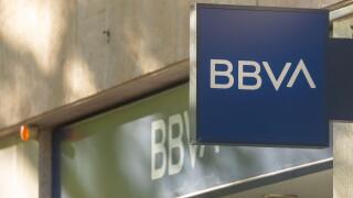 Madrid, Spain - May 18, 2020: Main facade at the entrance to the bank office of, BBVA, in the Retiro district.