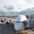 A Qantas Airbus A380-800 passenger aircraft parks at the gate at Kingsford Smith International Airport