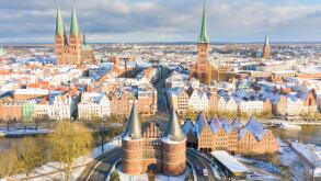 View of the Holstentor and churches of Luebeck, Hanseatic City of Luebeck, Schleswig-Holstein, Germany