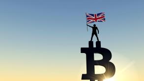 Person waving a UK flag standing on top of a bitcoin cryptocurrency symbol. 3D Rendering