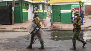 Nairobi, Kenya. 27th June, 2024. Riot police patrol the streets during a demonstration against a proposed finance bill in Nairobi, Kenya, on Thursday on June 27, 2024. A finance bill proposed by President William Ruto sparked weeks of protests in Kenya th
