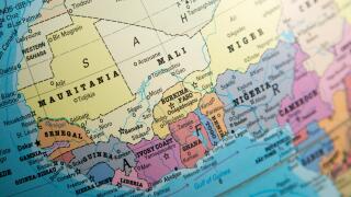 West Africa map on a globe focused on Ivory Coast