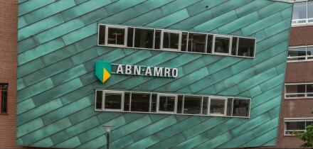 ABN AMRO bank brand logo on a local branch in the city of Amersfoort in the Netherlands.