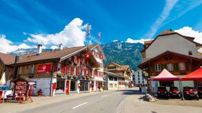 Restaurants in traditional Swiss houses along Hauptstrasse, Matten bei Interlaken, Switzerland