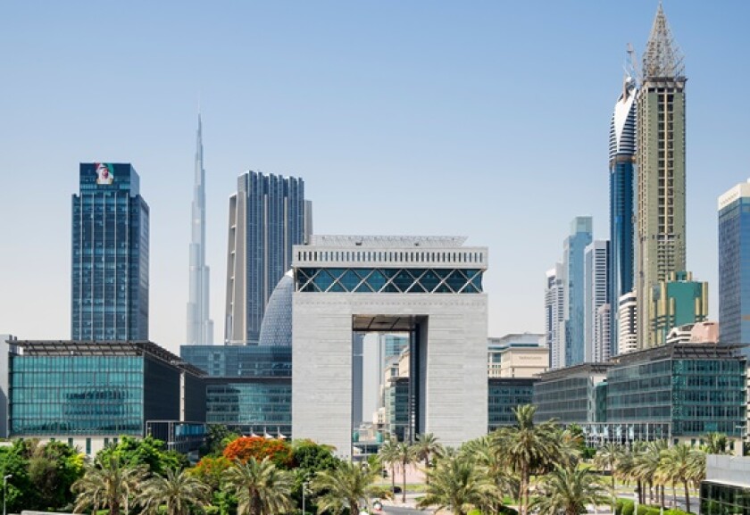 View of DIFC the Dubai International Financial Centre (free zone) in financial district of Dubai United Arab Emirates