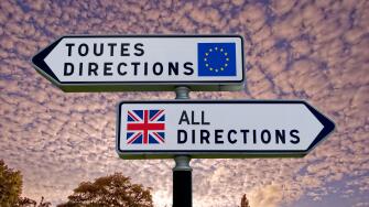 French style double signpost with opposing UK/EU pointers.