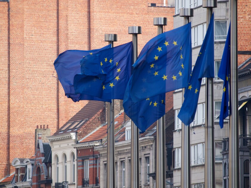 European Union flags in the wind with old buildings in the background. Brussels, Belgium