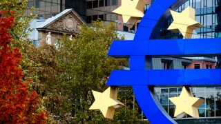 Euro symbol in front of the ECB, European Central Bank, Willy-Brandt-Platz square in Frankfurt am Main, Germany