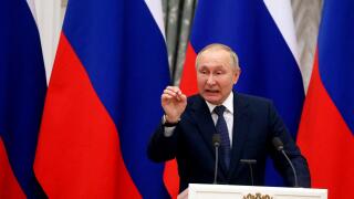 Moscow, Russia. 08th Feb, 2022. Russian president Vladimir Putin holds a joint press conference after meeting with his French counterpart in Moscow, Russia early on February 8, 2022. International efforts to defuse the standoff over Ukraine intensified wi