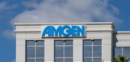 Close up of Amgen sign on its office building is shown in Tampa, FL, USA.