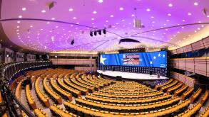The hemicycle interior or eu parliament chamber, plenary chamber, gallery of the European Parliament building Brussels Belgium Eu Europe