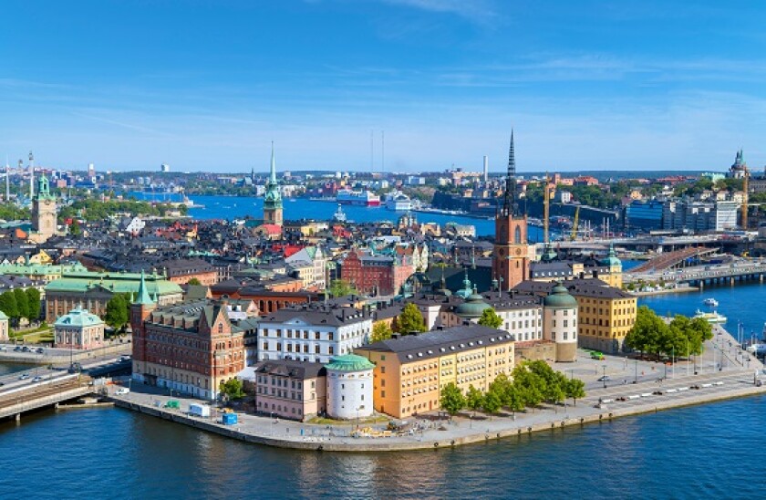 Stockholm. Aerial view of Riddarholmen and Gamla Stan (Old Town) from the Tower of Stockholm City Hall (Stadshuset), Kungsholmen, Stockholm, Sweden