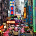 Street scene, Mini bus station and Neon lights of Mong Kok, Kowloon, Hong Kong, China