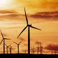 View of wind turbines at sunset at Blacklaw Wind Farm in Scotland, UK